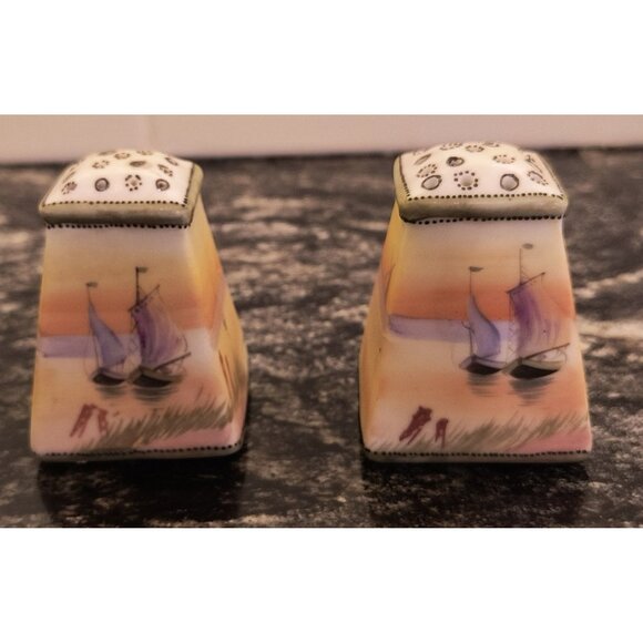 Vintage Nippon Hand-Painted Ceramic Salt & Pepper Shakers With Sailboat and Wind - Picture 1 of 4